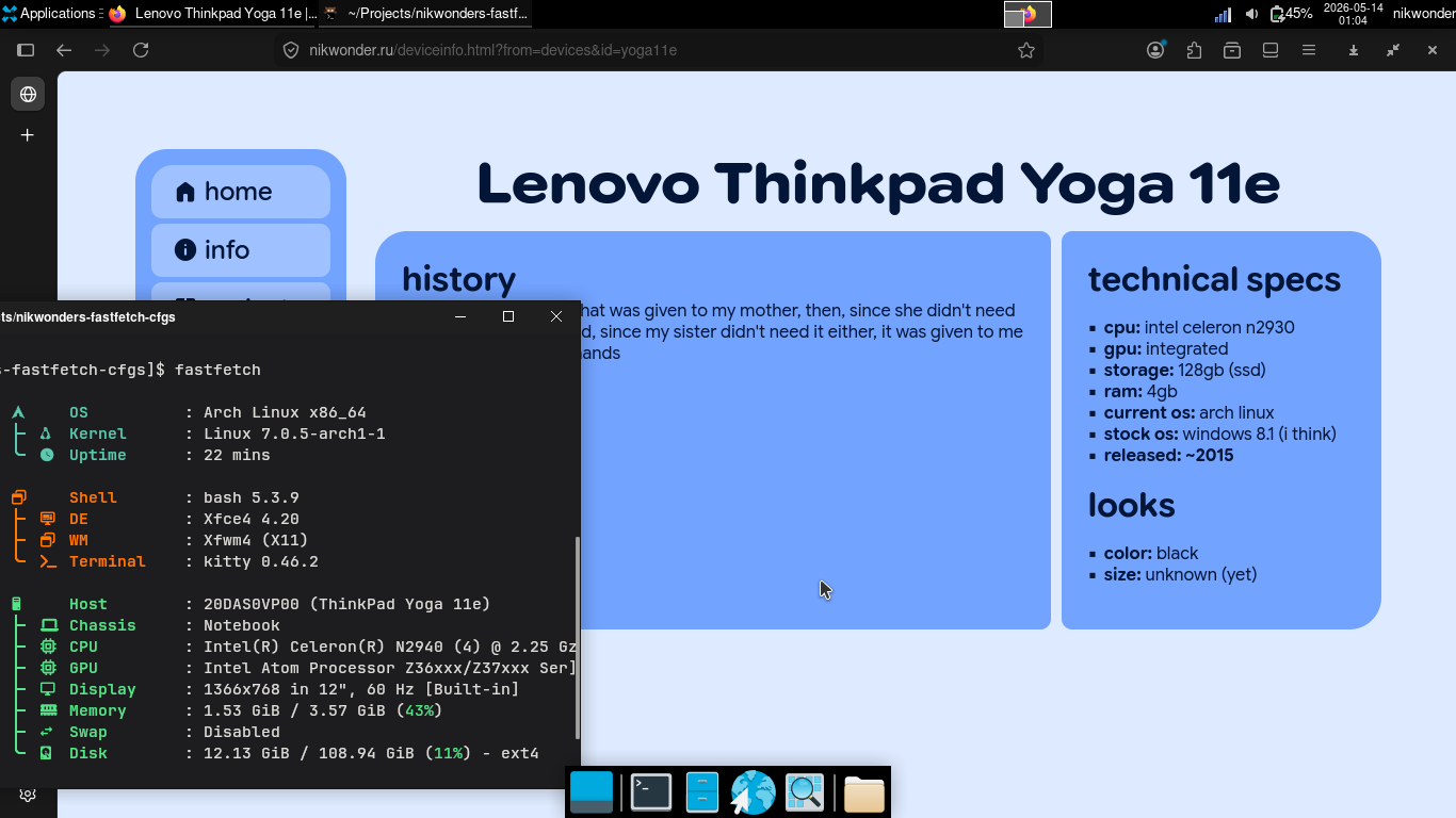 screenshot of the device running Arch Linux on XFCE with this page open and system specs from fastfetch on the left inside of a console